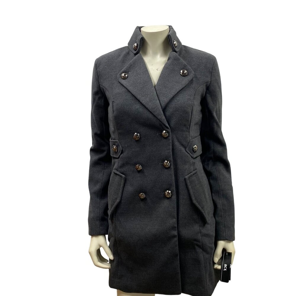 BCX Womens Charcoal Gray Wool Blend Double-Breasted Military Coat Size S